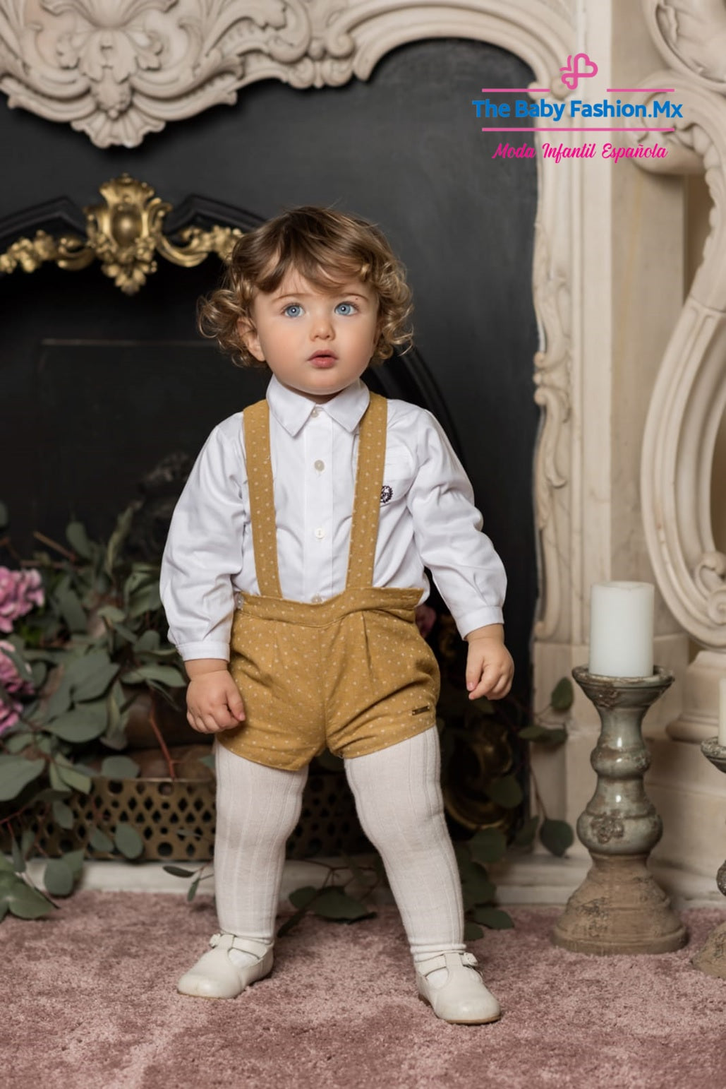 Conjunto short con tirantes y camisa para bebe niño DOLCE PETIT Ref. 24/2134/23 36 Mostaza