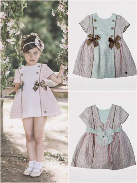 Vestido doble hilo topos rosa combi botones lazos Dolce Petit SKU 2241