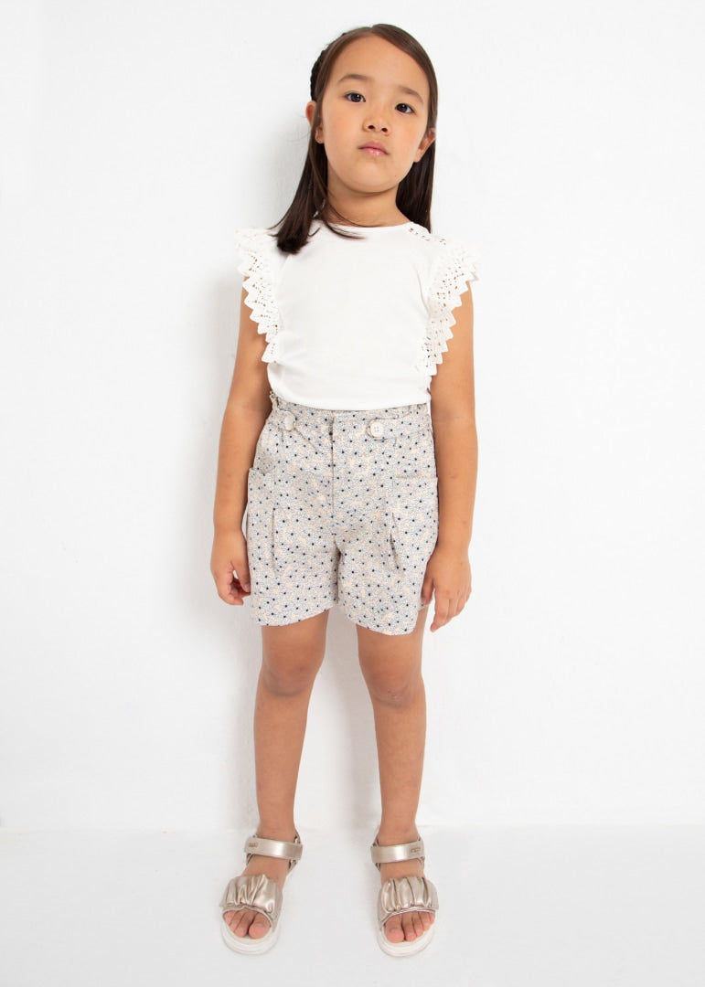 Short estampado de algodón sostenible para niña Art. 23-03206- Almendra