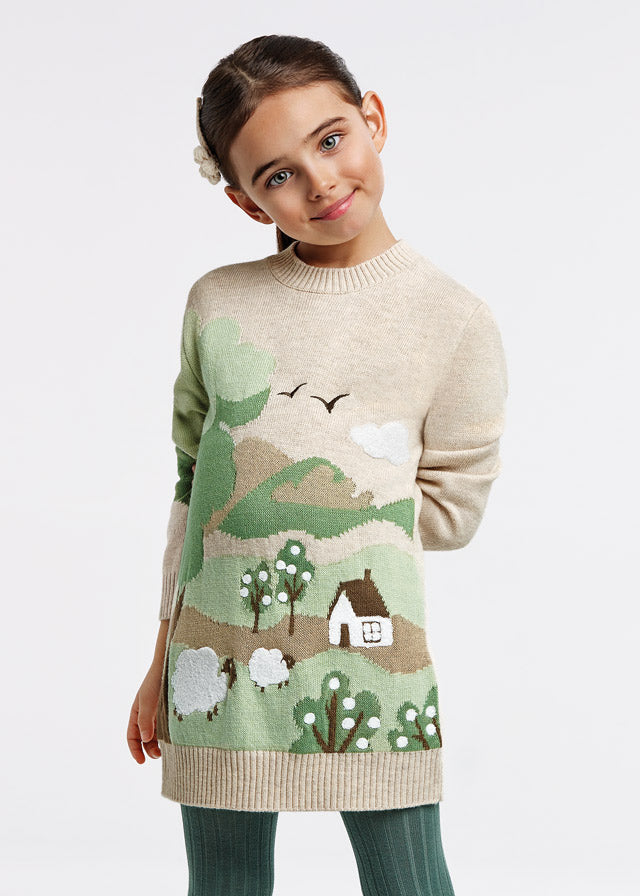 Vestido de tricot con intarsia para niña Art. 12-04965-068 Sepia Vig