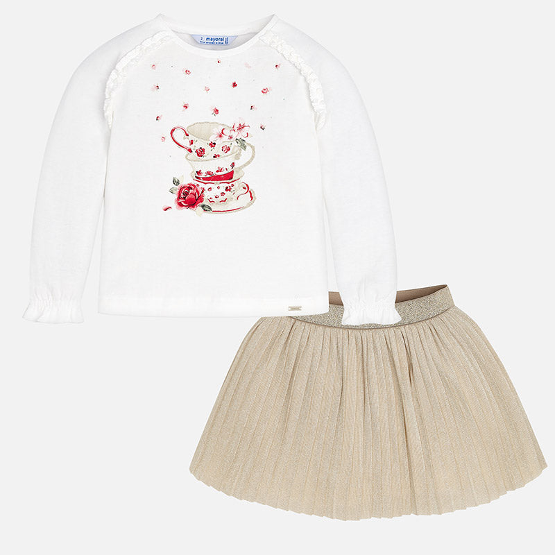 Conjunto 2 Pz Niña Falda Plisado Camiseta Manga larga Sku 4980 Color Dorado