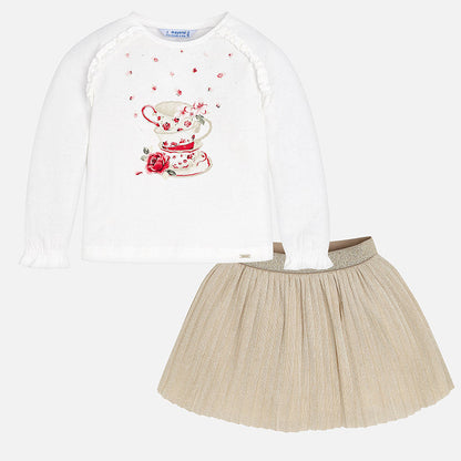 Conjunto 2 Pz Niña Falda Plisado Camiseta Manga larga Sku 4980 Color Dorado