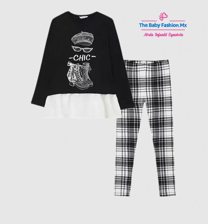 Conjunto 2 pz Leggings Cuadros y Camiseta para chica MAYORAL Ref. 7730/74 Negro