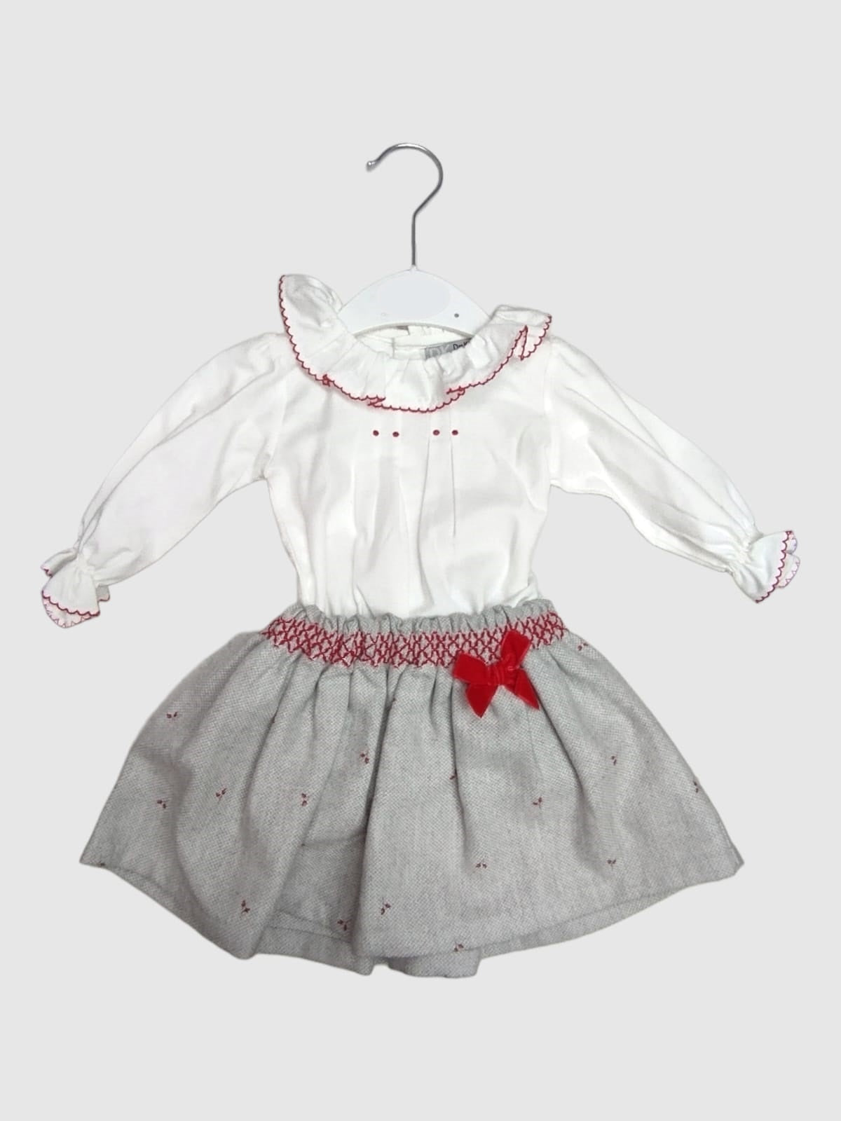 Conjunto Falda Rebeca y Blusa para bebe niña DR KID Ref. DK316 DK380 DK387 My Way To School Gris-Rojo
