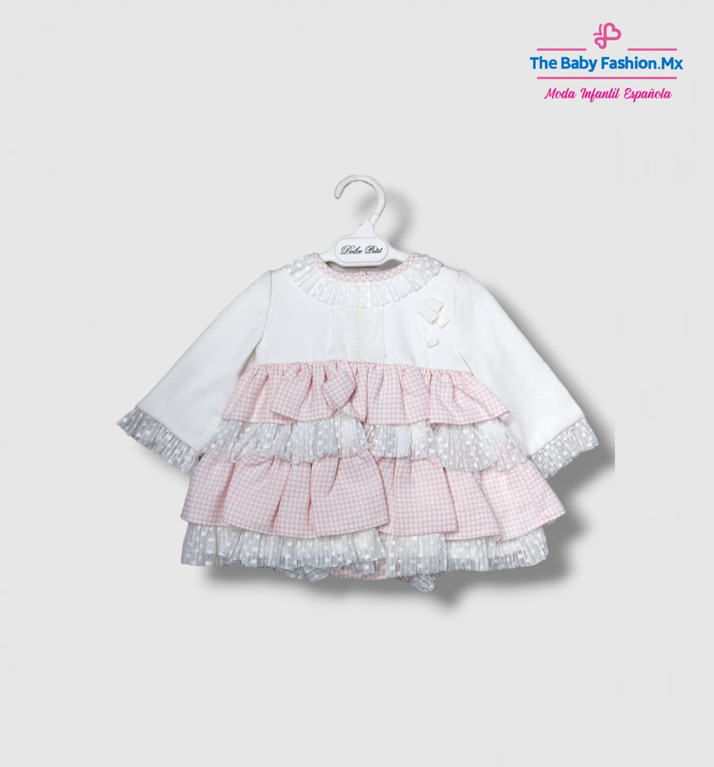 Vestido con braguita para bebé DOLCE PETIT Ref. 24/2020/VB 02 Bco-Rosa