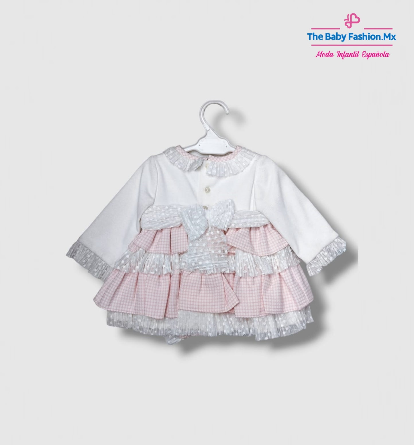 Vestido con braguita para bebé DOLCE PETIT Ref. 24/2020/VB 02 Bco-Rosa