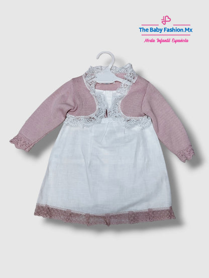 Conjunto 3 pz Vestido para bebé con Rebeca y Capota JULIANA Ref. J218 J159 Blanco Nube/Maquillaje