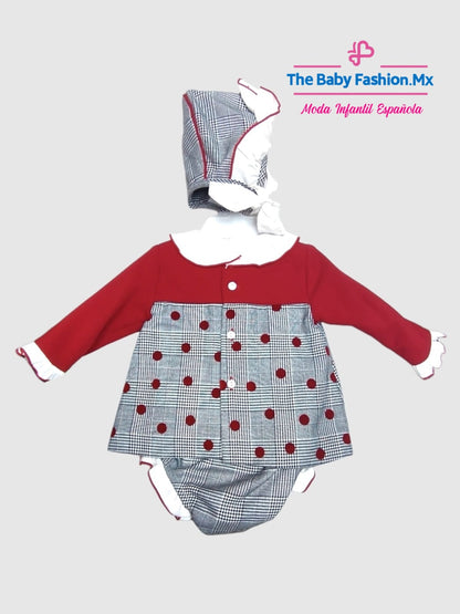 Jeusin para bebé con capota y pololo Conjunto 3 pz MARTA Y PAULA Art. 1041/35 Rojo-Gris
