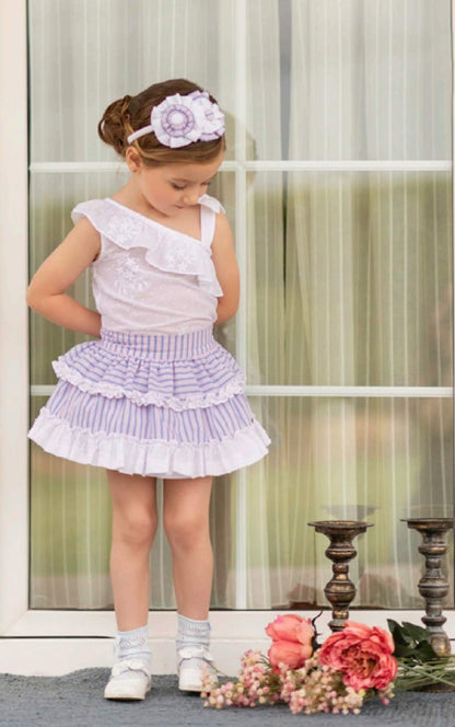 Conjunto 2 pz Falda y Blusa para niña DOLCE PETIT Ref. 25/2233/3 09 Lila Rayada 25/2233/2 01 Blanco