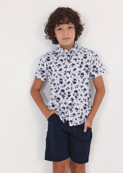 Camisa de manga corta con estampado de algodón para chico Sku 6112 Color 67 Bco-Marino