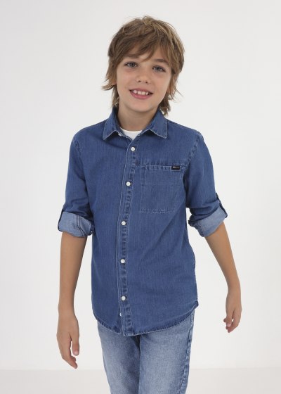 Camisa mezclilla de manga larga con algodón sostenible para chico Sku 6119 Color Tejano