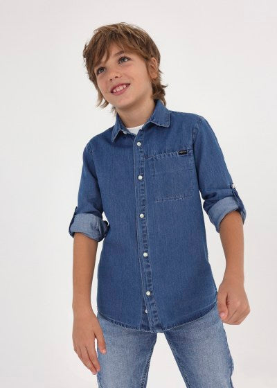 Camisa mezclilla de manga larga con algodón sostenible para chico Sku 6119 Color Tejano