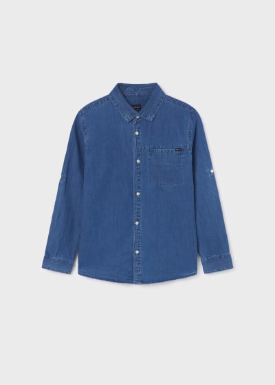 Camisa mezclilla de manga larga con algodón sostenible para chico Sku 6119 Color Tejano