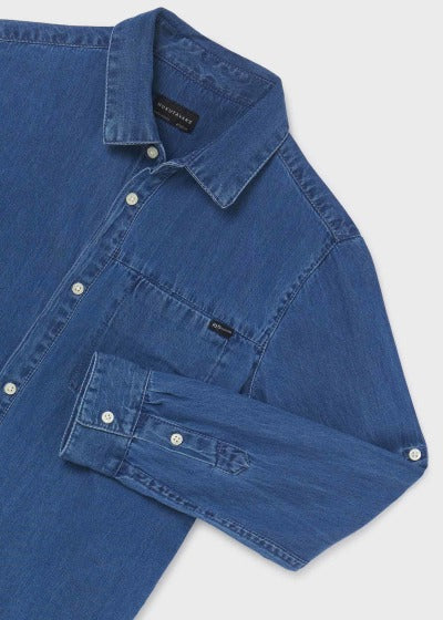 Camisa mezclilla de manga larga con algodón sostenible para chico Sku 6119 Color Tejano
