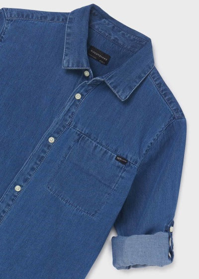 Camisa mezclilla de manga larga con algodón sostenible para chico Sku 6119 Color Tejano