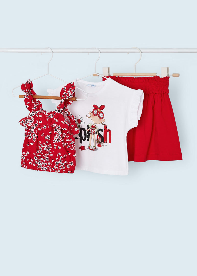 Conjunto 3 piezas con falda de algodón sostenible para niña Art. 23-03951-047 Rojo