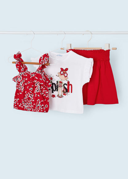 Conjunto 3 piezas con falda de algodón sostenible para niña Art. 23-03951-047 Rojo