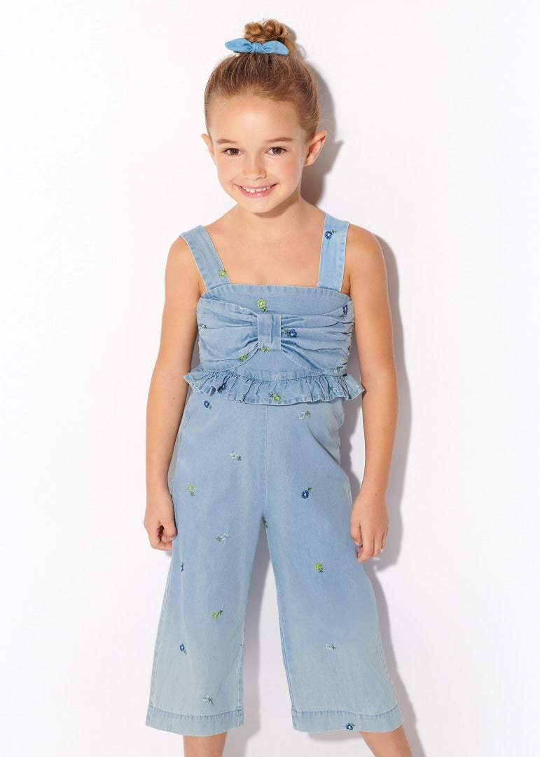 Mono de mezclilla con motivos bordados de algodón para niña Art. 23-03847-022 Tejano Claro