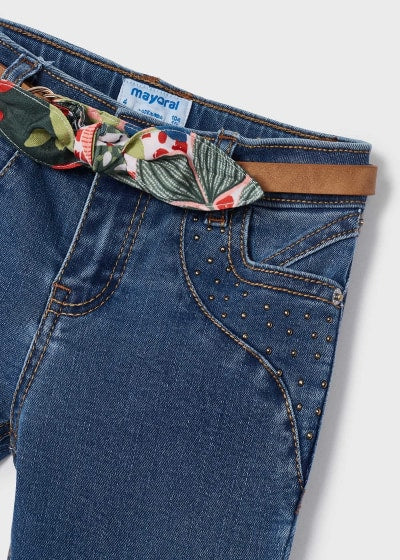 Pantalón largo de mezclilla skinny con cinturón para niña Sku 3509 Color Medio