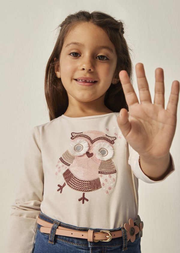Playera bordados algodón niña  Ref. 13-04008-080 Garbanzo