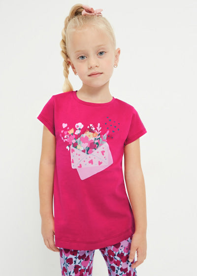 Playera con motivo estampado de algodón sostenible para niña Sku 3070 Color Hibiscu