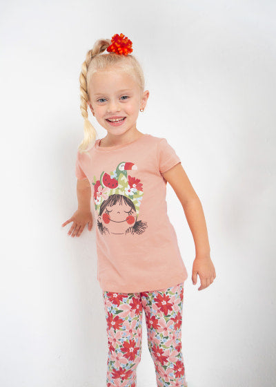 Playera con motivo estampado de algodón sostenible para niña Sku 3070 Color Naranja