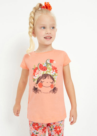 Playera con motivo estampado de algodón sostenible para niña Sku 3070 Color Naranja