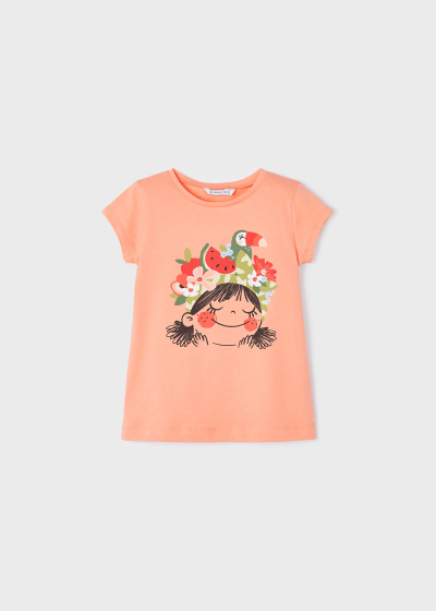 Playera con motivo estampado de algodón sostenible para niña Sku 3070 Color Naranja