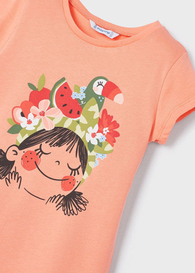 Playera con motivo estampado de algodón sostenible para niña Sku 3070 Color Naranja