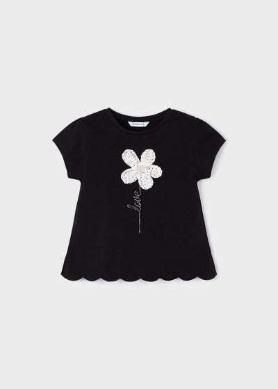 Playera manga corta con motivo bordado de algodón para niña Sku 3060 Color 64 Negro