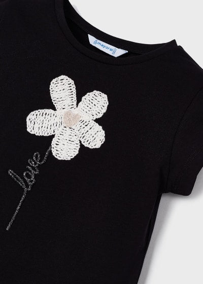 Playera manga corta con motivo bordado de algodón para niña Sku 3060 Color 64 Negro