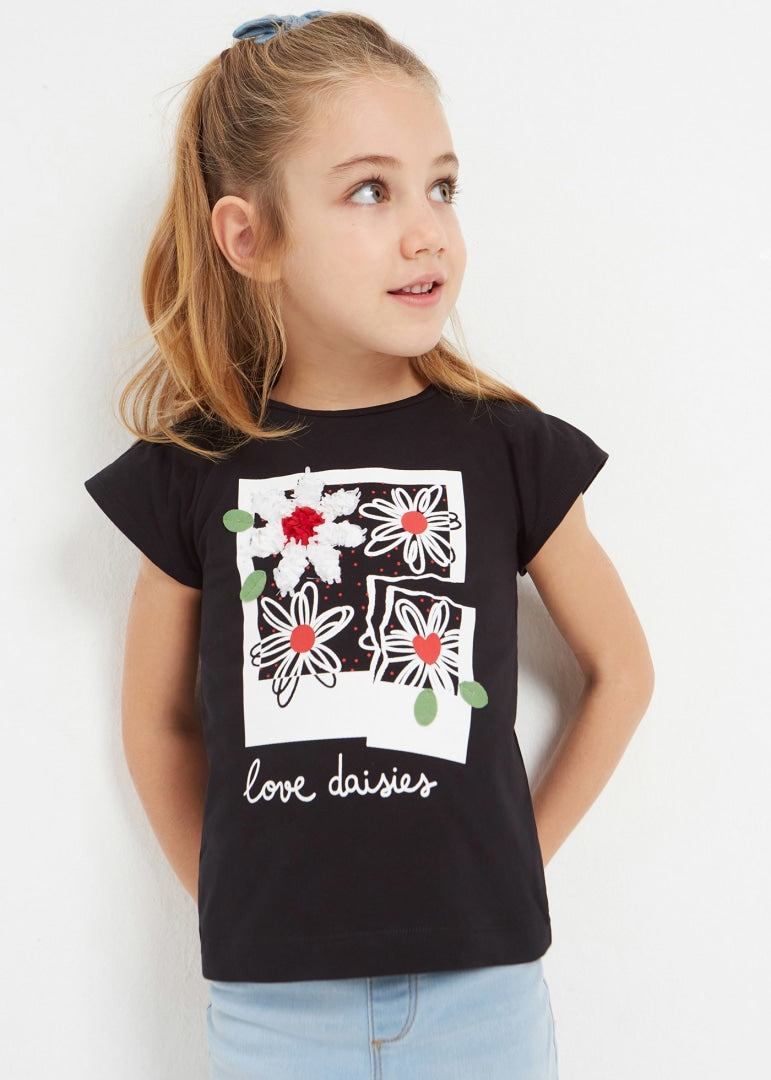 Playera manga corta con motivo estampado de algodón para niña Art. 23-03071-053 Negro