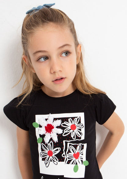 Playera manga corta con motivo estampado de algodón para niña Art. 23-03071-053 Negro