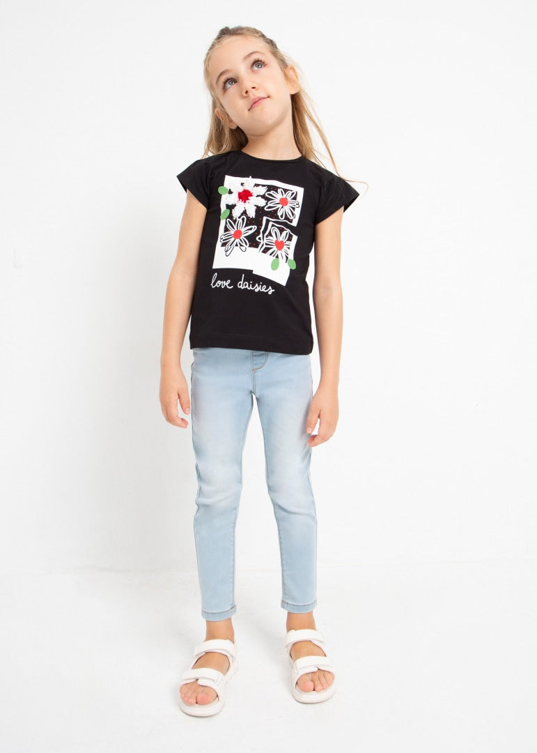 Playera manga corta con motivo estampado de algodón para niña Art. 23-03071-053 Negro