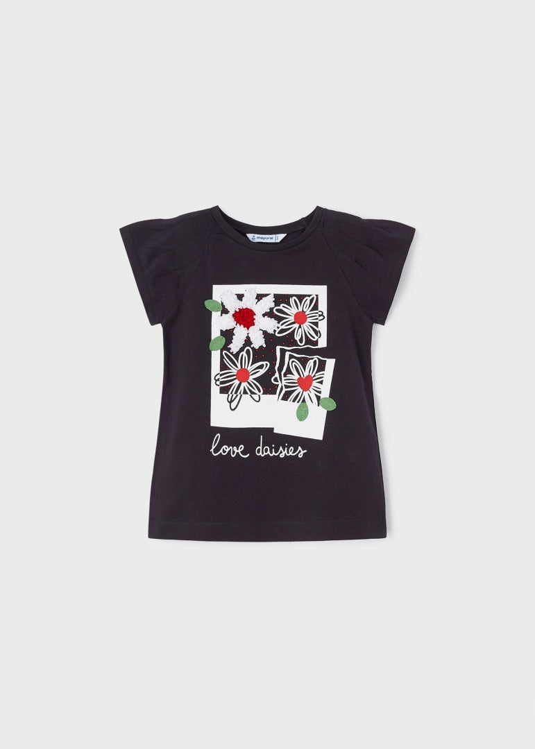 Playera manga corta con motivo estampado de algodón para niña Art. 23-03071-053 Negro