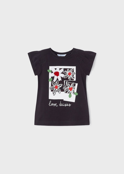 Playera manga corta con motivo estampado de algodón para niña Art. 23-03071-053 Negro