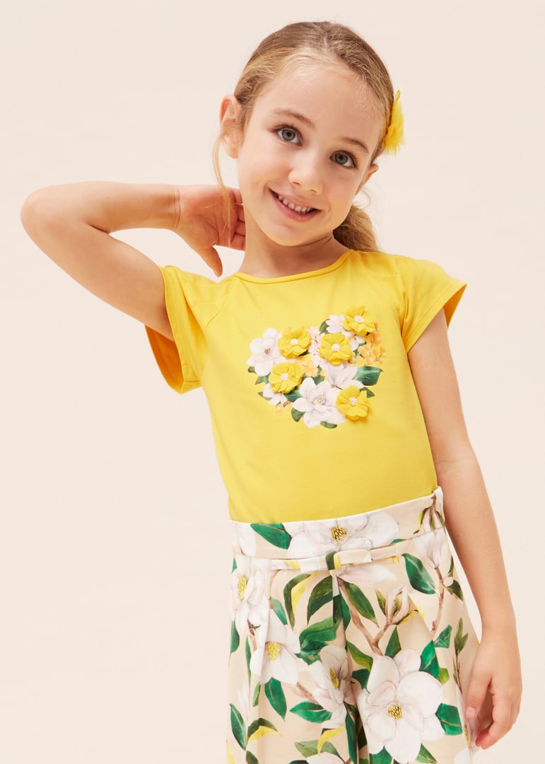 Playera manga corta con motivo estampado de algodón para niña Art. 23-03071-054 Mimosa