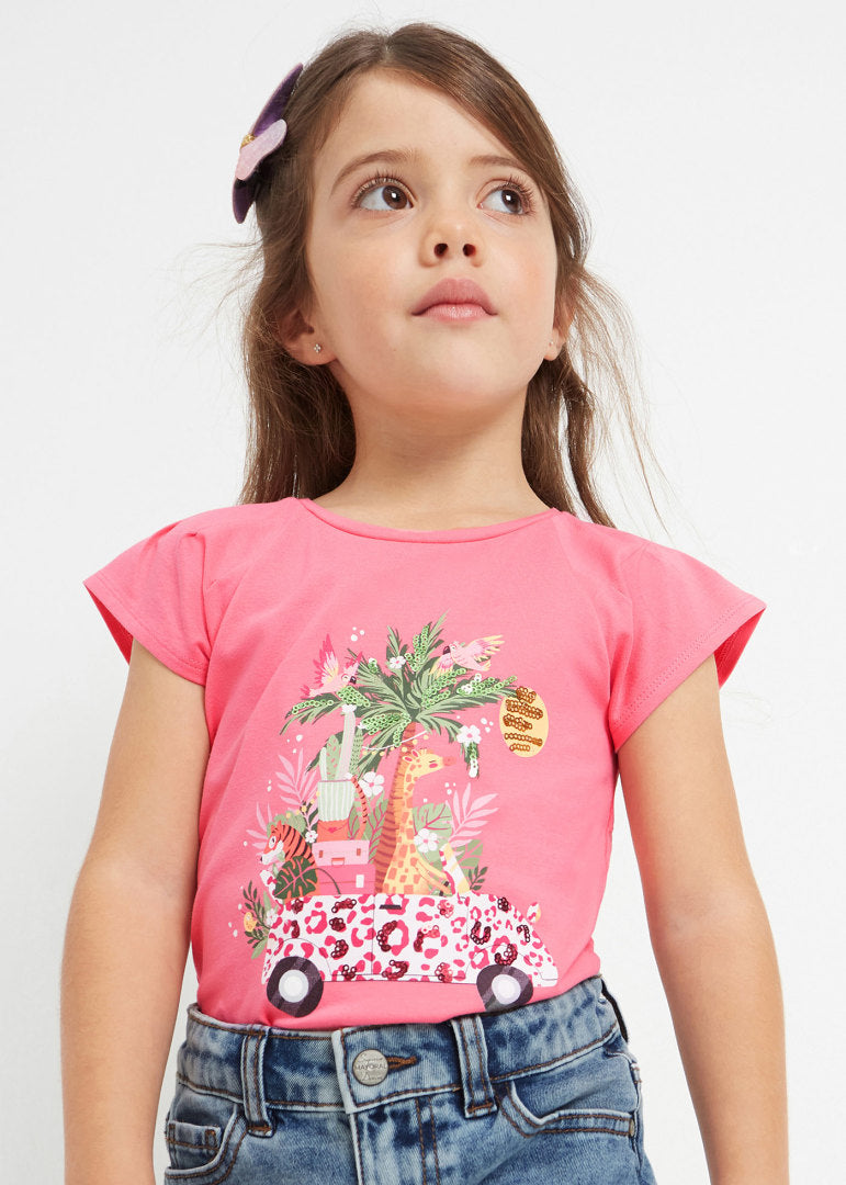 Playera manga corta con motivo estampado de algodón para niña Art. 23-03071-055 Peonia