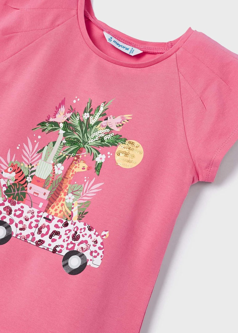 Playera manga corta con motivo estampado de algodón para niña Art. 23-03071-055 Peonia