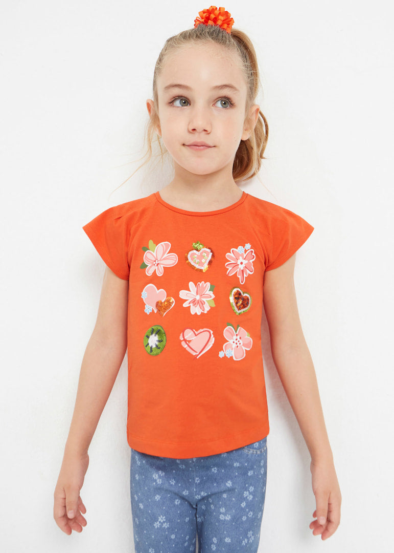 Playera manga corta con motivo estampado de algodón para niña Art. 23-03071-056 Naranja