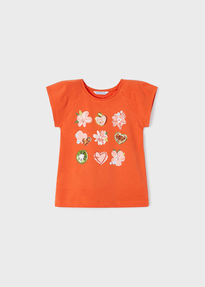 Playera manga corta con motivo estampado de algodón para niña Art. 23-03071-056 Naranja
