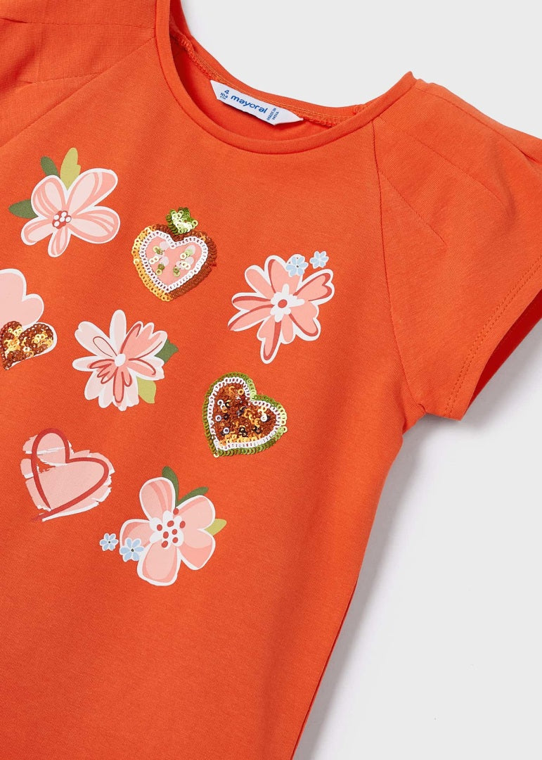 Playera manga corta con motivo estampado de algodón para niña Art. 23-03071-056 Naranja