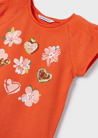 Playera manga corta con motivo estampado de algodón para niña Art. 23-03071-056 Naranja