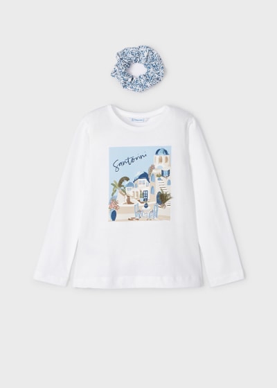 Set de playera manga larga y scrunchie de algodón para niña Sku 3072 Color Blanco