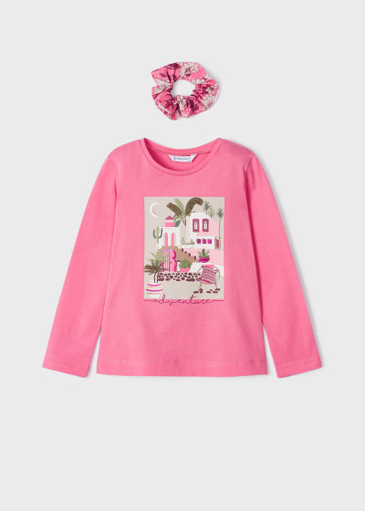Set de playera manga larga y scrunchie de algodón para niña Sku 3072 Color Peonia