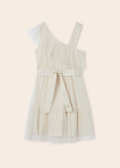 Vestido asimétrico de tul con hilo metalizado para chica MAYORAL Ref. 23/6911/66 Garbanzo