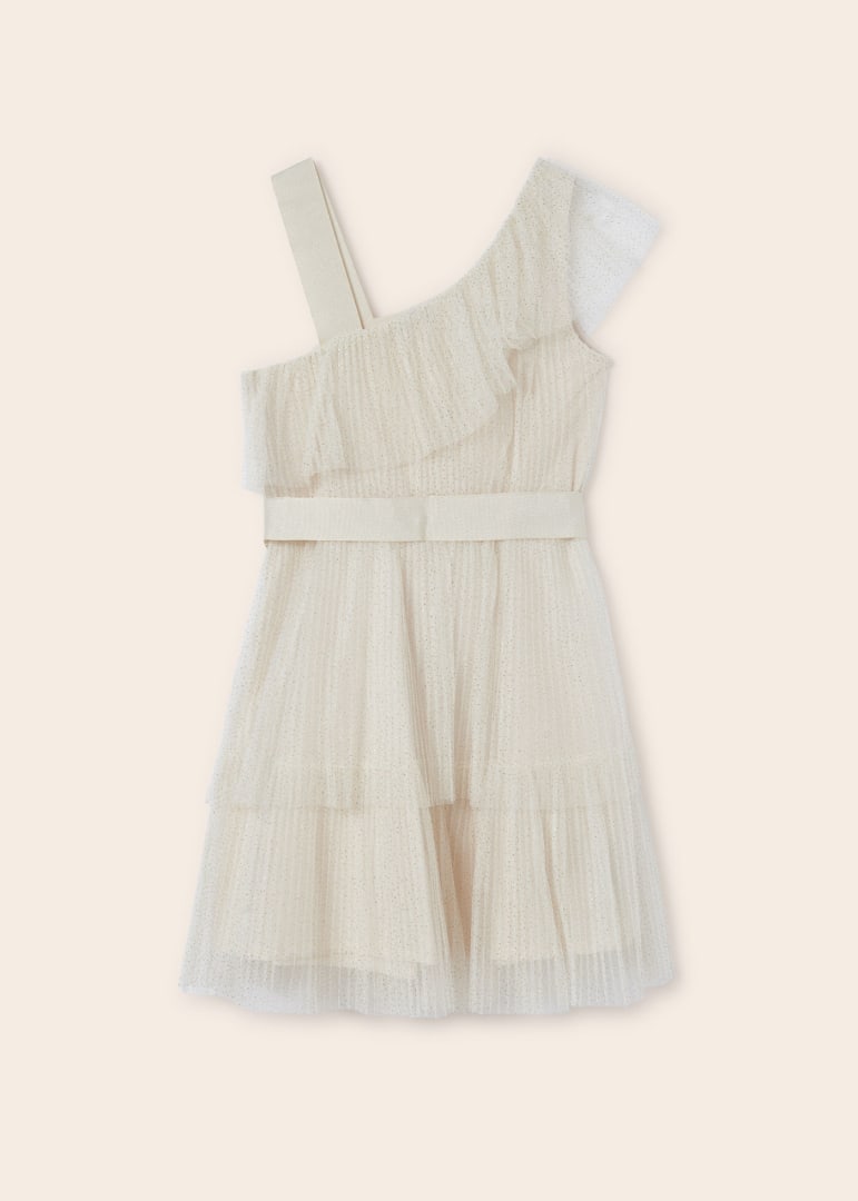 Vestido asimétrico de tul con hilo metalizado para chica MAYORAL Ref. 23/6911/66 Garbanzo