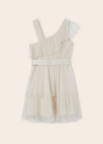 Vestido asimétrico de tul con hilo metalizado para chica MAYORAL Ref. 23/6911/66 Garbanzo