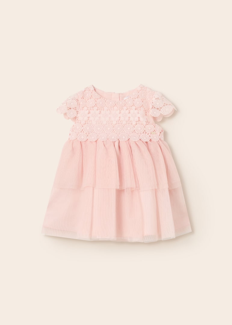 Vestido combinado de guipur y tul para bebé Art. 23-01950-073 Rosa palo