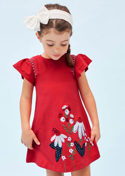 Vestido con apliques y motivo bordado de algodón para niña Art. 23-03948-042 Rojo